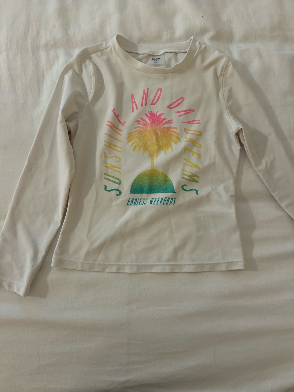 Old Navy Cream Long Sleeve Graphic Tee with Pink Yellow Green Palm